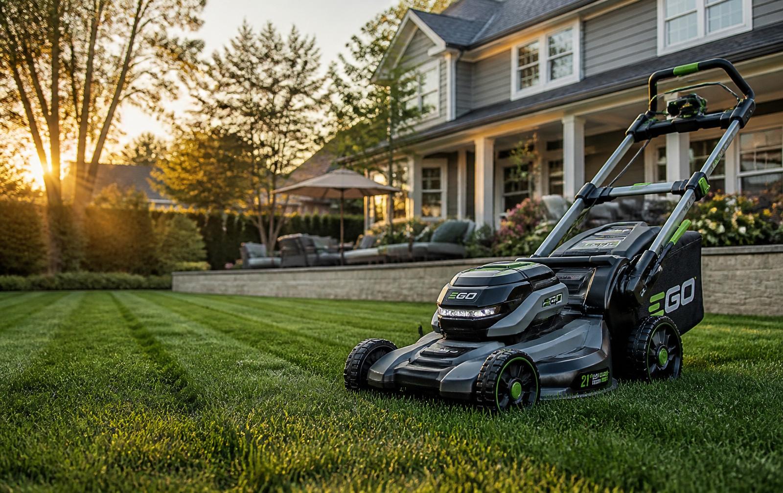 Modern electric lawn mower on a pristine American lawn